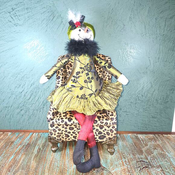 Snow Lady Plush Doll Green Floral Dress Velvet Hat Feather Collar Holiday Decor - Picture 2 of 6